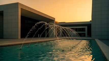 A modern building with a fountain in front of it during the golden hour.