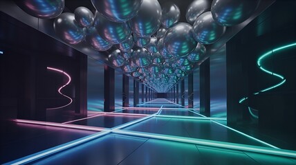 Futuristic corridor adorned with floating spheres and neon light design.
