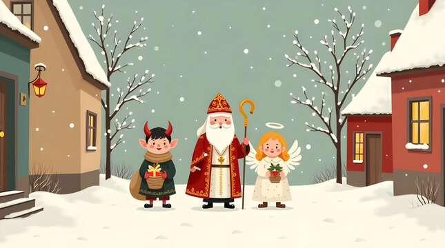 St Nicholas with angel and devil in snowy winter village, traditional Czech Mikulas celebration on December 5, festive children&rsquo;s folklore illustration for holiday season
