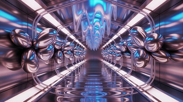 An abstract corridor featuring futuristic metallic objects and reflective surfaces.