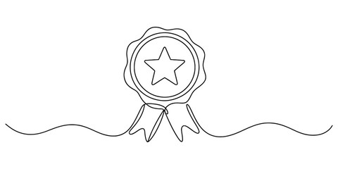 One continuous line drawing of star award badge with ribbon and wavy line. certification, guarantee, achievement concept. minimalist vector art. Vector, illustration