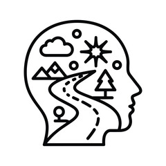Human head with winding road, mountains, clouds, sun, and tree inside