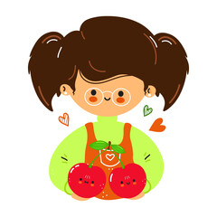 Cute girl character holding a pair of happy kawaii cherries