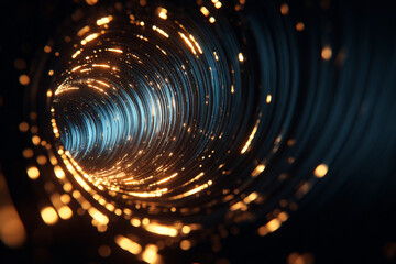 Swirling vortex tunnel with bright orange glowing bokeh particles and a blue light core, creating an abstract energy flow background.
