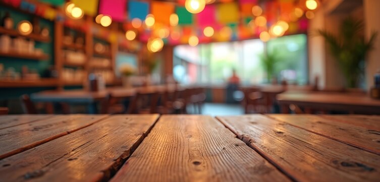 Rustic wooden table in colorful Mexican restaurant interior with festive banners and lights. Copy space for ads or product placement. Warm ambiance, nobody present.