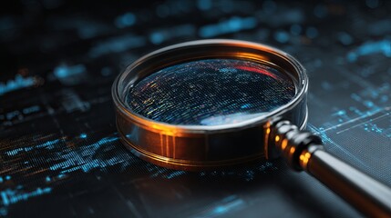 Investigating cybersecurity threats with a magnifying glass revealing digital data, perfect for technology and innovation brands needing a visual edge