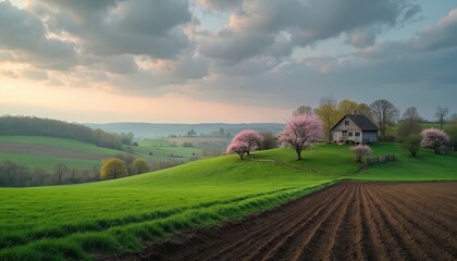 Obraz premium Green rolling hills spread beautiful spring rural landscape view. Small country house stands among blooming pink cherry blossom trees. Freshly plowed farm land fills foreground. Soft light covers