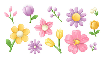 Naklejka premium Flowers 3d elements set in realistic render design. Collection of soft pastel pink, lilac and yellow colours of abstract glossy tulips, daisies and wildflowers on green stems. Illustration.