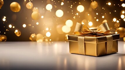 Golden Gift Box with Festive Lights and Christmas Atmosphere