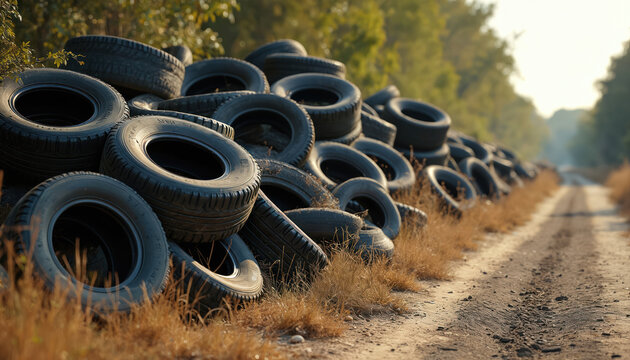 Fototapeta Large pile of discarded vehicle tires rests in rural setting. Used black rubber waste pollutes natural environment next to dirt road. Illegal dumping represents serious eco problem, global