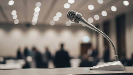 Close-up of microphone in conference room with blurred audience
