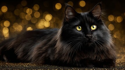 Elegant black cat with striking gold eyes lying on a shimmering gold surface, creating a magical and luxurious pet portrait experience