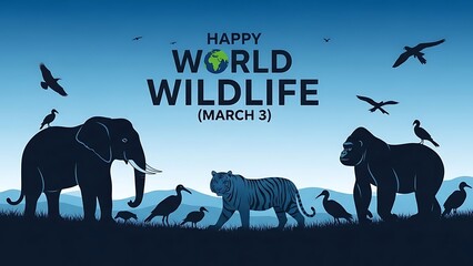 World wildlife day, march 3, with animal silhouettes and earth globe vector