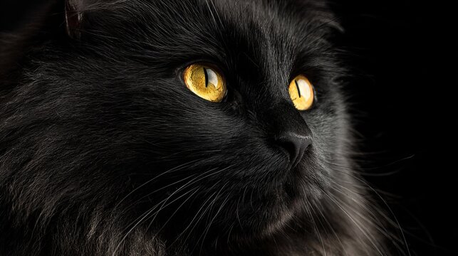 Intense golden eyes of a mysterious black cat gazing into the distance, a striking portrait evoking elegance and intrigue, perfect for Halloween