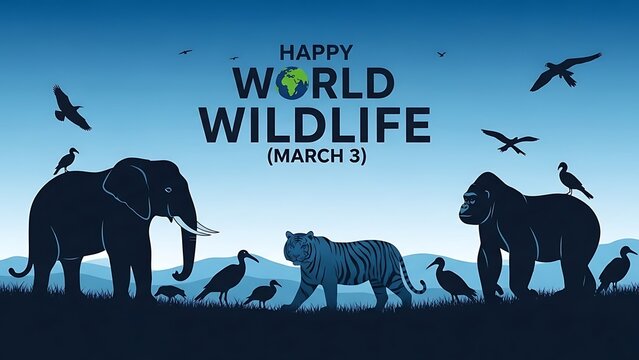 World wildlife day, march 3, with animal silhouettes and earth globe vector