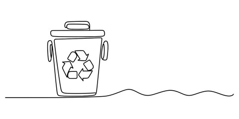 Continuous one line drawing of a recycle bin with recycling symbol, illustrating environmental protection, waste management, and sustainable living. Vector, illustration