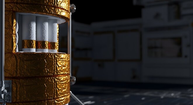 Golden Multi-Layer Insulation Module with Exposed Internal Thermal Components, Advanced Aerospace Engineering for Scientific Research and Space Technology.