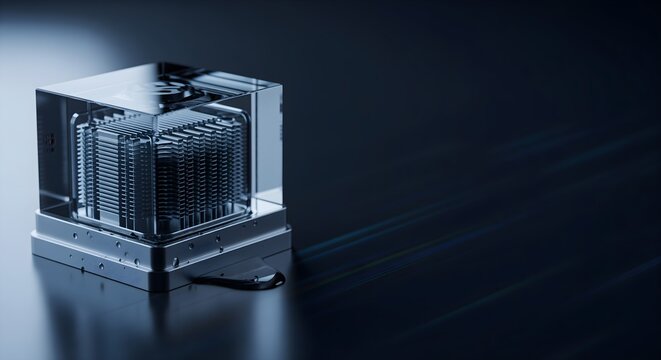 Advanced Quantum Processor Cube with Liquid Cooling System, Showcasing Next-Generation High-Tech Data Center Efficiency and Innovation.