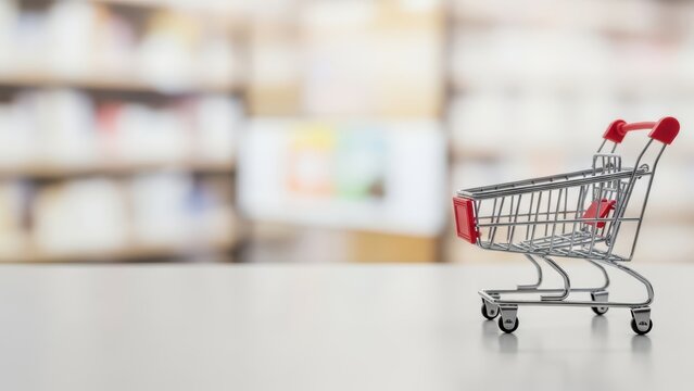 Miniature shopping cart on blurred store background