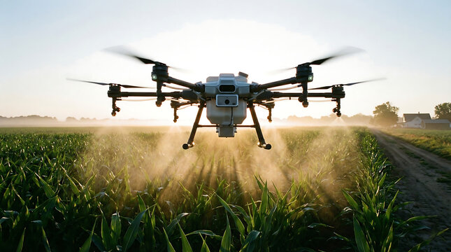 Agriculture drone spraying water on green corn field during sunrise: concept of smart farming innovation, automated crop protection and industrial agritech technology.