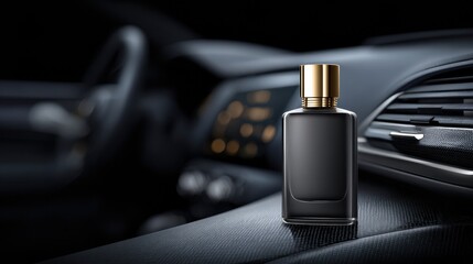 Premium Car Perfume Showcased on a Matte Black Podium With a Blurred Dashboard Background and Elegant Layout