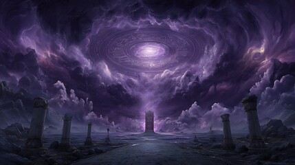 A massive gate rising from the ground, surrounded by swirling energy and demonic symbols, dark clouds spiraling above, glowing runes pulsating faintly 