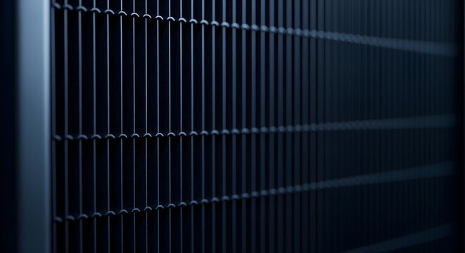 Abstract Dark Metal Grid Pattern with Fine Vertical Bars, Emphasizing Precision, Structure, and Modern Industrial Design.
