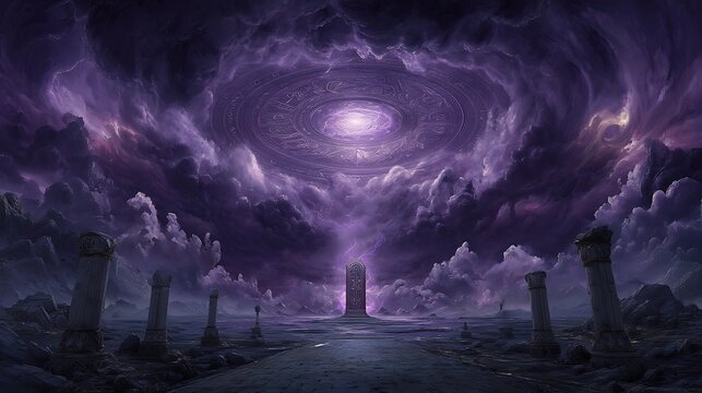 A massive gate rising from the ground, surrounded by swirling energy and demonic symbols, dark clouds spiraling above, glowing runes pulsating faintly 