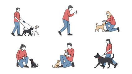 Fototapeta premium People interacting with dogs, playful scenes, pet ownership, canine companionship, modern art