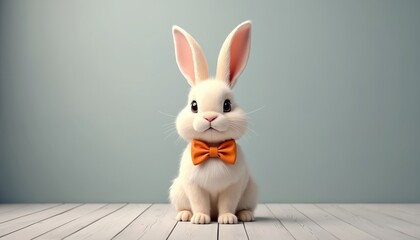 Obraz premium Small fluffy white rabbit with orange bow tie sits on light wooden floor. Cute bunny, small animal, looks at camera. Gentle studio portrait.