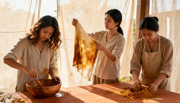 Three artisan women working on a natural fabric dyeing project. Making handmade textiles in a sunlit craft workshop. Sustainable and traditional craftsmanship concept - Powered by Adobe