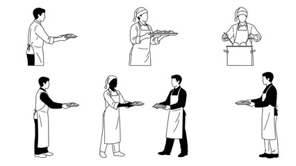 Diverse chefs serve freshly prepared meals, offering culinary delights, ready to serve food