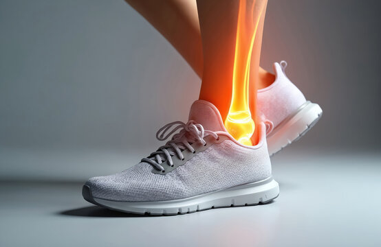 Close up of female leg with modern gray running shoes in studio. Ankle joint bones glow orange, indicating acute pain, injury. Image represents sports trauma, medical condition, walking discomfort.