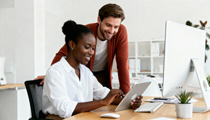 Diverse colleagues collaborating in a modern office. A man and woman working together on a tablet. Teamwork and professional partnership concept