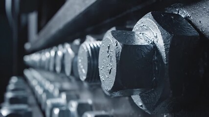 Closeup view of a long row of heavyduty metal bolts showcasing their intricate threads and robust hexagonal heads in an industrial setting emphasizing precision engineering and manufacturing strength.