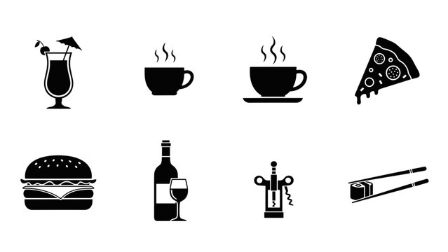 Delicious food and drink icons set for menus, restaurants and recipe designs, modern style
