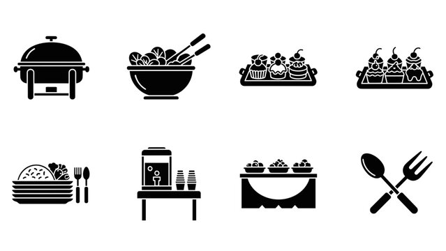 Elegant buffet line icons for catering events and culinary presentations, scalable vector