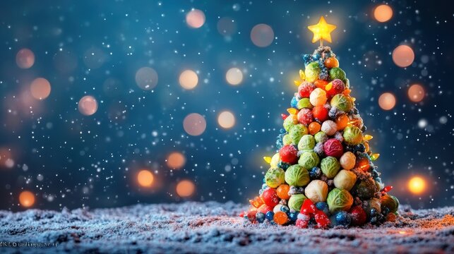 Veganuary winter challenge. Christmas tree made from Brussels sprouts and vegetables, seasonal renewal and plant based healty concept
