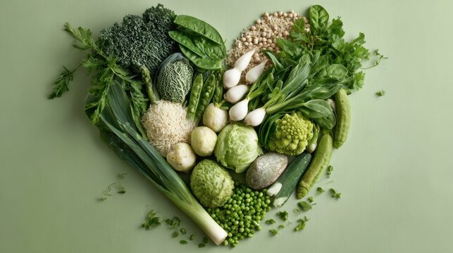 Veganuary winter challenge. Flat lay composition of assorted green vegan ingredients, seasonal renewal and plant based healty concept