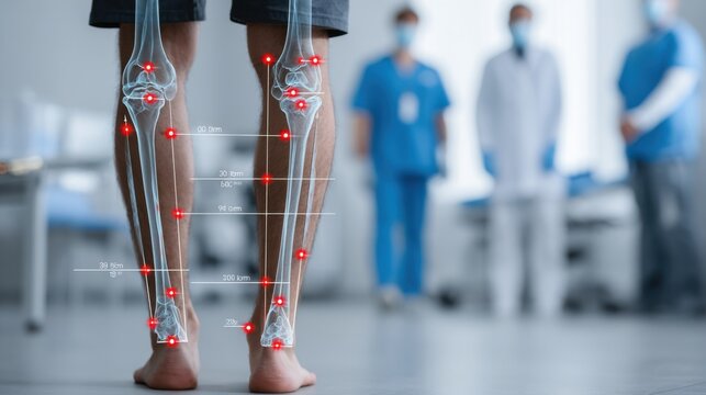 Futuristic male prosthetic implant in leg surgery, advanced biomechanical details highlighted