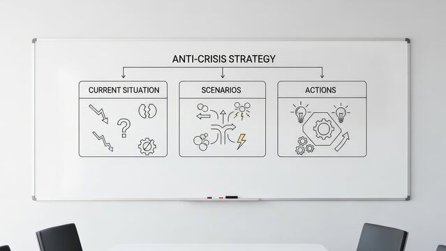 Office whiteboard displaying anti-crisis strategy with current situation, scenarios, actions
