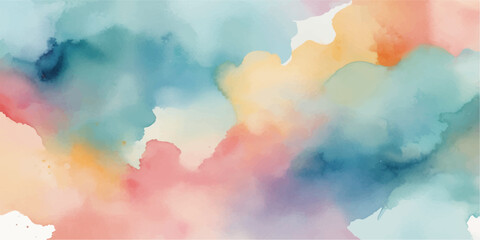 Abstract watercolor hand painted background depicting a colorful blue sky cloudscape with bright sun and light vintage texture