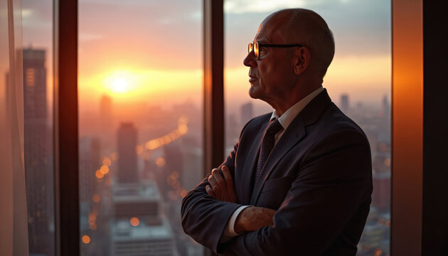 Confident mature businessman in suit stands by office window watching city sunset. Senior boss with arms crossed thinking, planning corporate strategy. Successful pensive executive leader - Powered by Adobe
