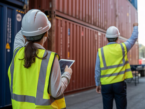 Efficient logistics team managing shipping containers with digital tools for seamless global trade and supply chain optimization, ensuring timely deliveries