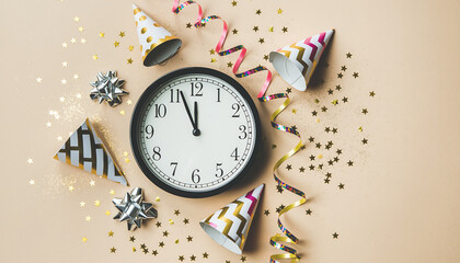 Festive New Year's Eve countdown with party hats, confetti, and vintage clock striking midnight, promising joy and celebration for holiday marketing