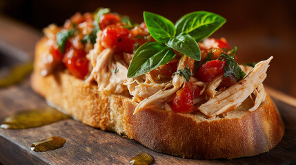 toasted baguette topped with shredded chicken, tomato salsa, basil leaf, olive oil drizzle