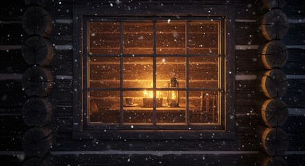 Snowy night view through a rustic log cabin window