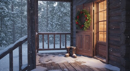 Snowy porch with a wreath on the door and boots by the entrance