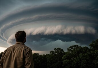Obraz premium Man Watches Massive Shelf Cloud Over Forest as Storm Front Rolls Across the Sky