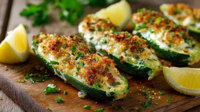 tiny zucchini boat halves filled with cheese, herbs, and breadcrumbs, oven-baked to golden perfection, fresh green palette
